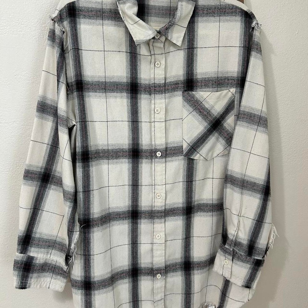 La Miel black ivory inside out oversized plaid button-up shirt size S